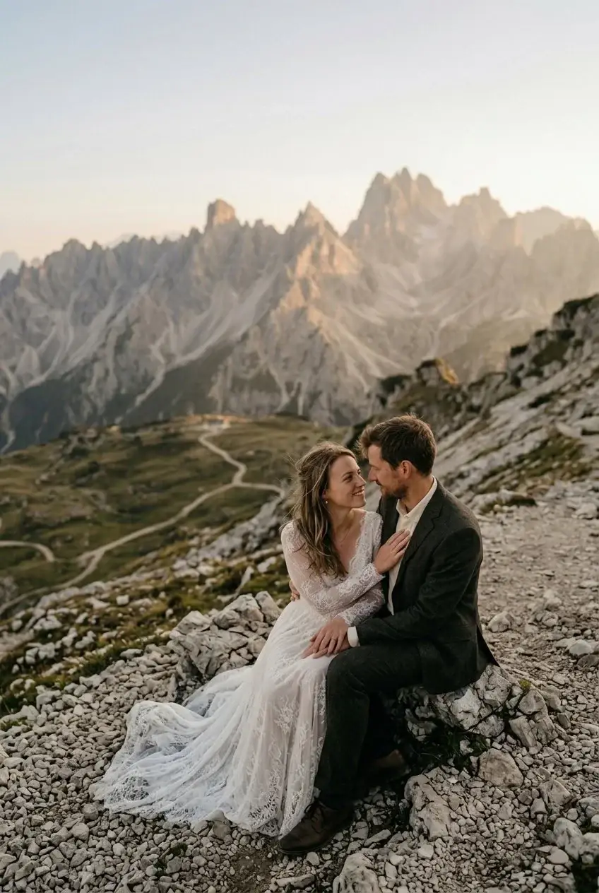 Bride and groom sitting together in the Dolomites during a romantic mountain elopement in Italy