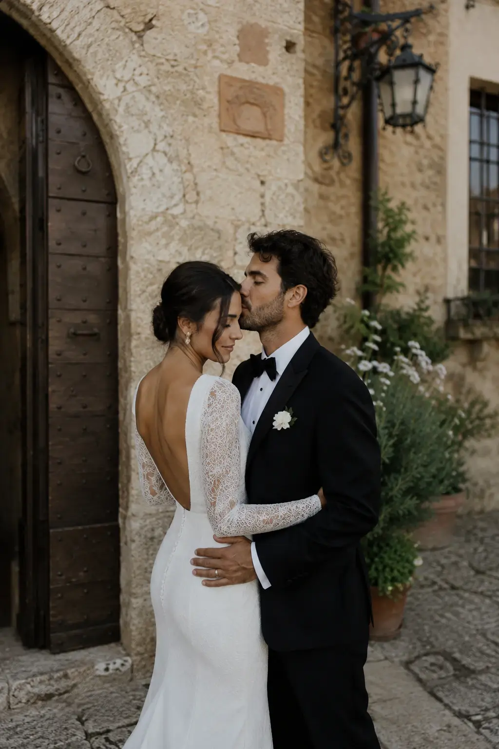 Newlyweds walking along a lakeside terrace.