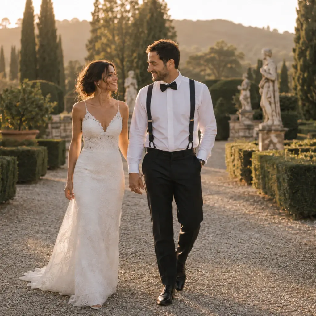 Bride and groom walking through the gardens of a Tuscany villa at golden hour.