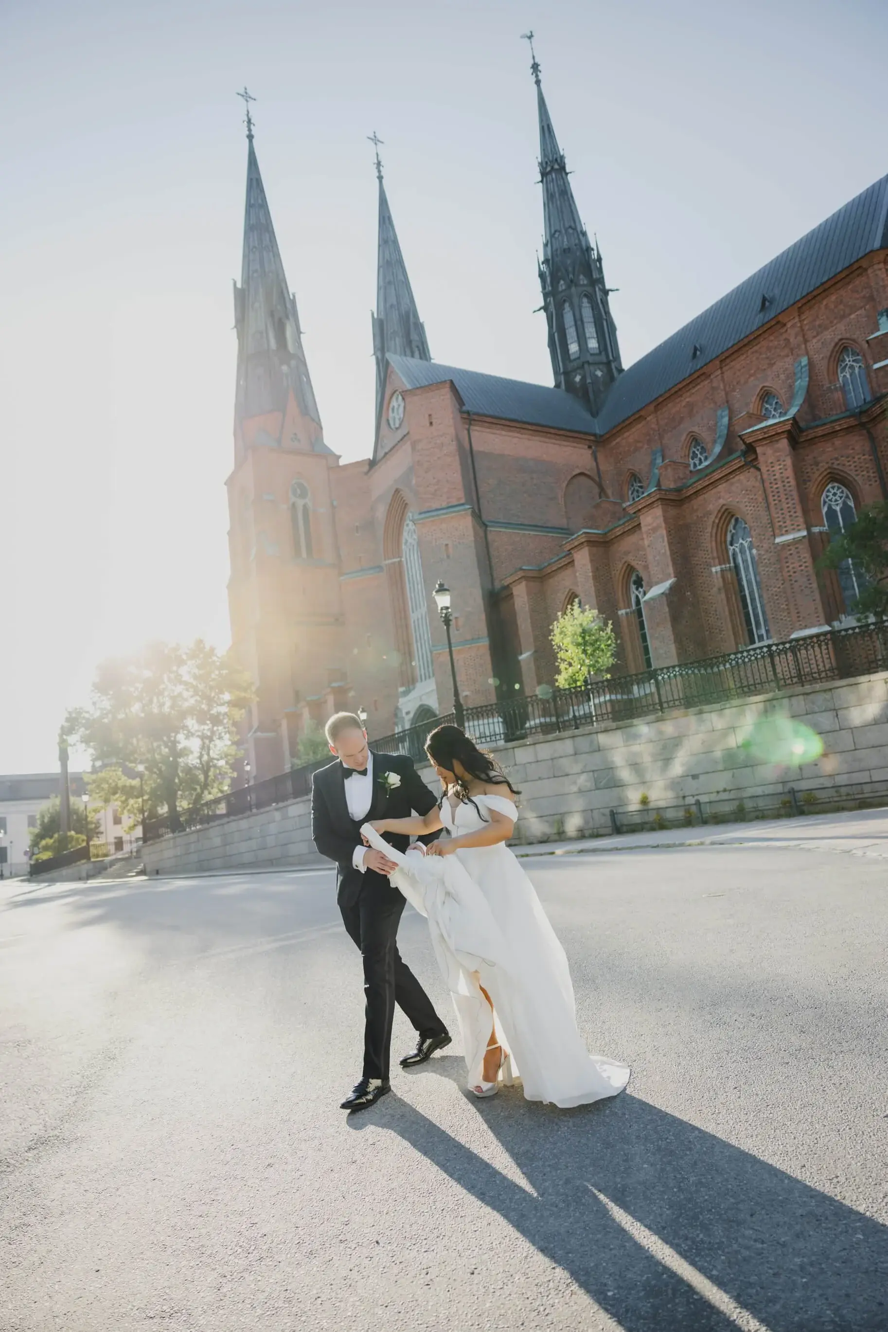 Newlyweds celebrating outside a Stockholm church.