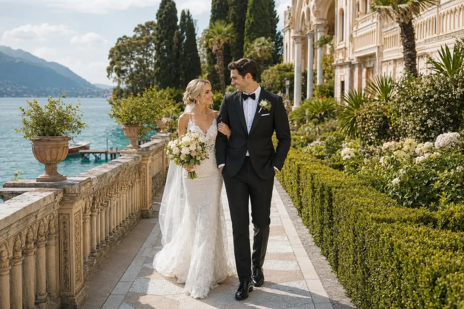Newlyweds walking beside a lakeside villa.