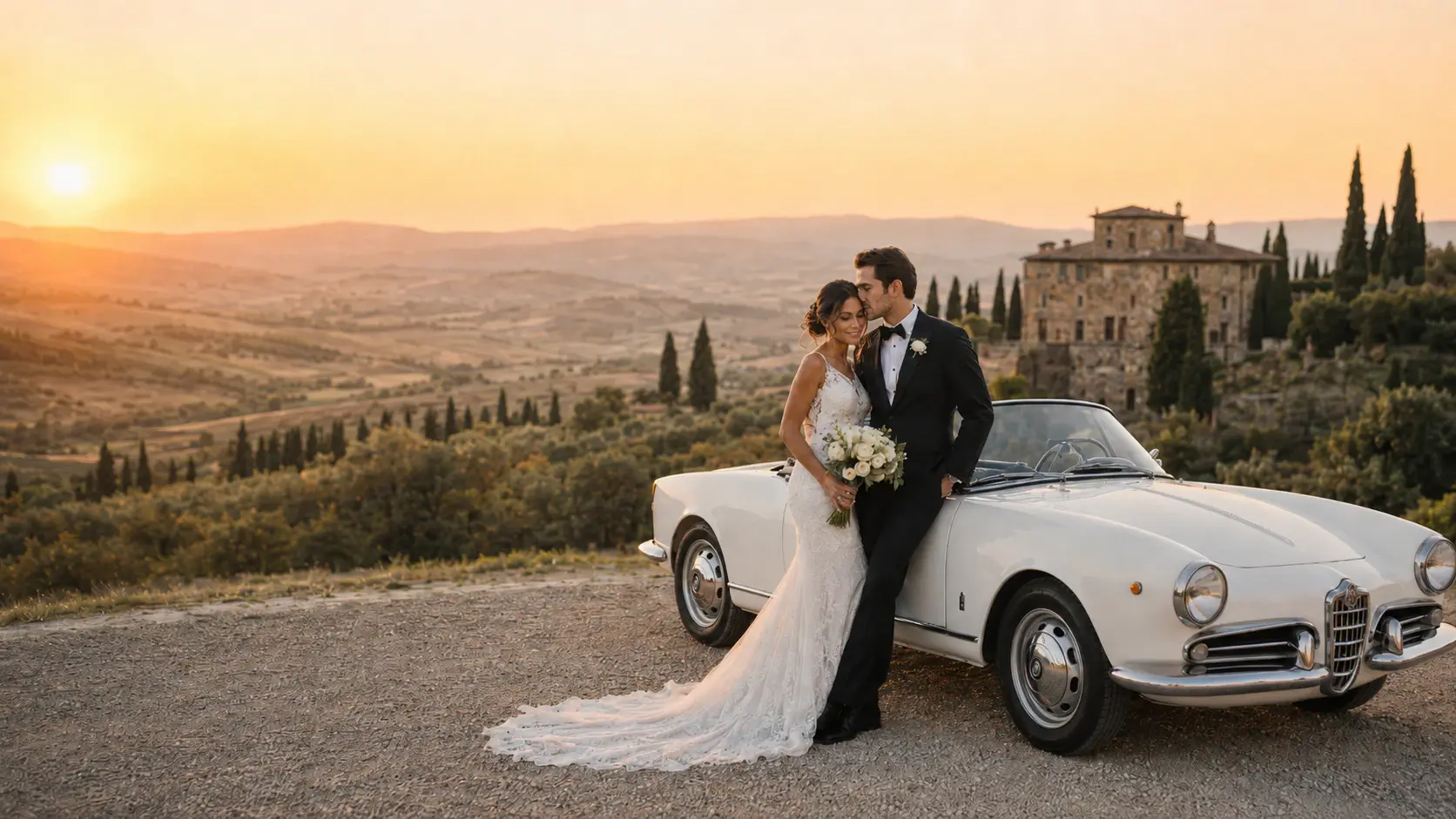 Newlyweds beside a vintage car at sunset in Tuscany.