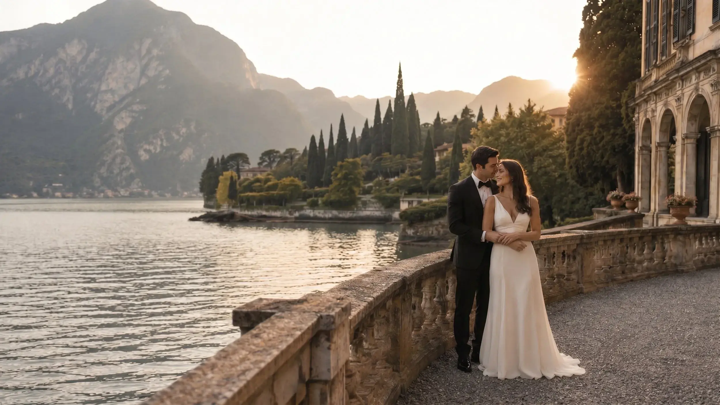 Newlyweds beside Lake Como at sunset.