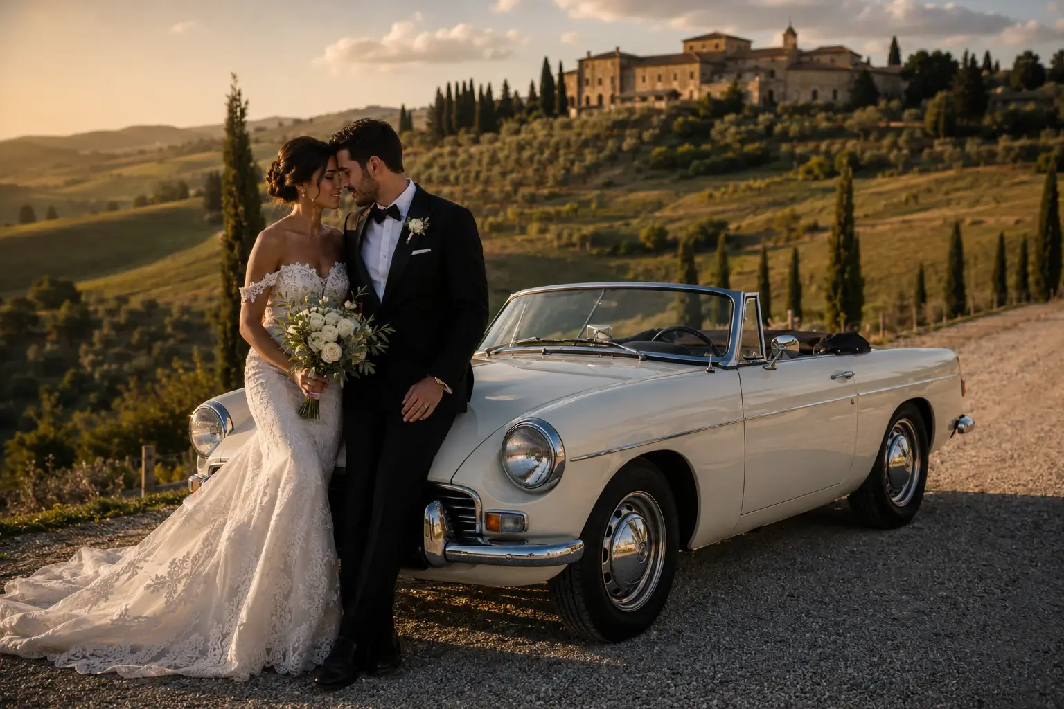 A bride in a lace wedding gown and a groom in a black tuxedo stand close together, touching foreheads, beside a classic white convertible car.