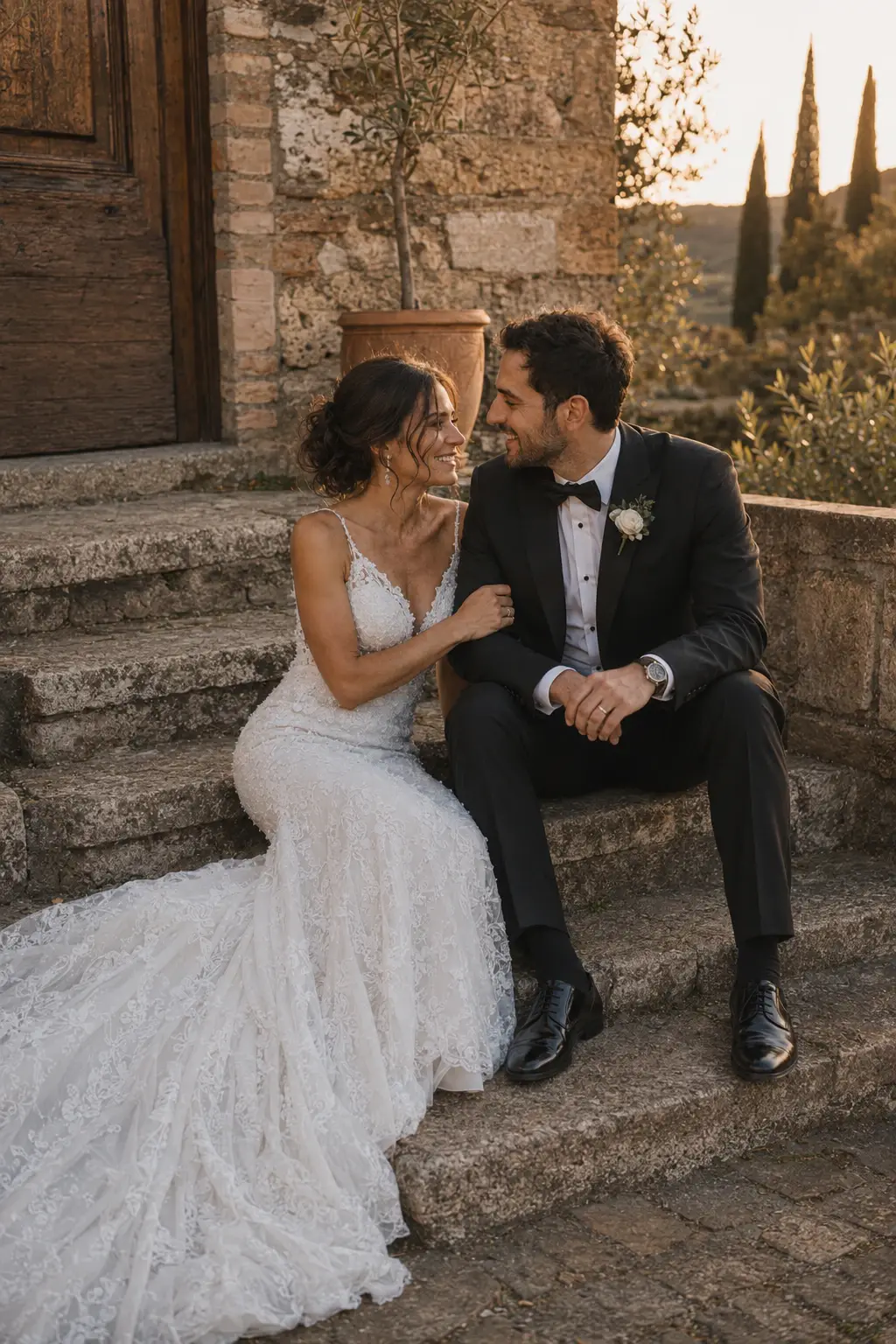 Newlyweds embracing beside a lake.