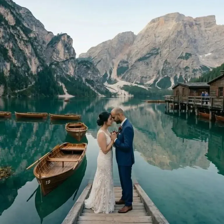 Bride and groom kissing on a wooden dock at Lago di Braies in the Dolomites, romantic mountain elopement photography with alpine lake reflections and dramatic cinematic scenery