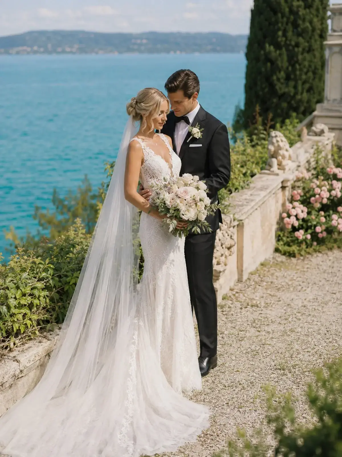 Newlyweds embracing beside Lake Garda.