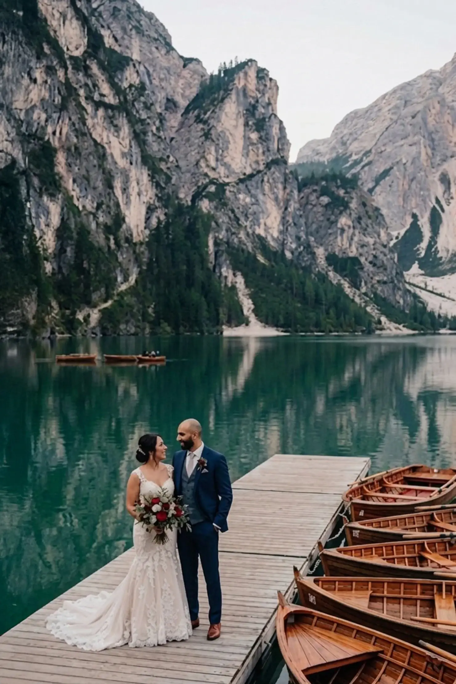 Newlyweds embracing beside a lake.